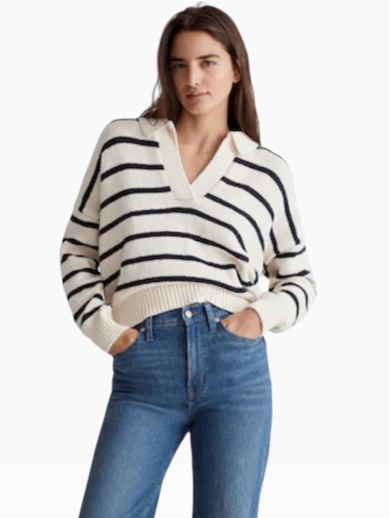 Madewell Sweaters - Madewell Dedham Striped Polo Sweater Anique Cream Stripe Size Small